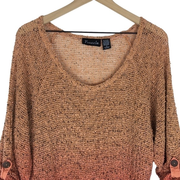 FRAZZLE Mesh Tunic Top Blouse 3/4 Roll Tab Sleeves Rust Orange Red Lagenlook XL - Picture 2 of 9